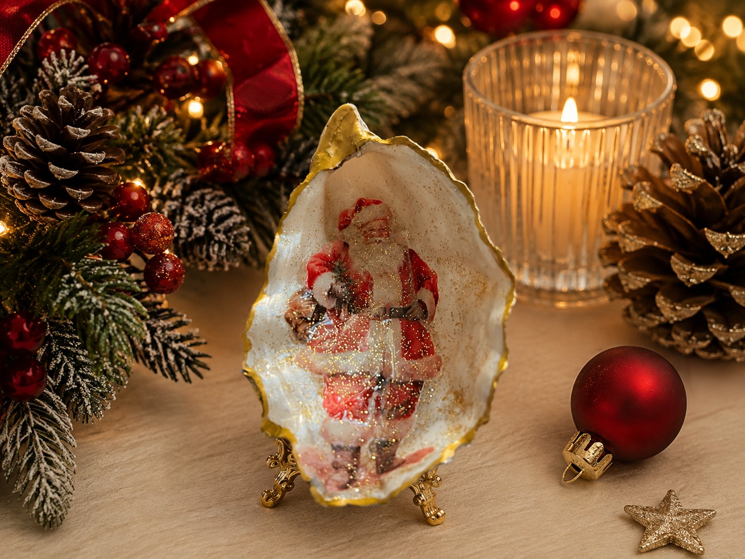 Gold-edged Santa oyster shell surrounded by holiday greenery and candlelight